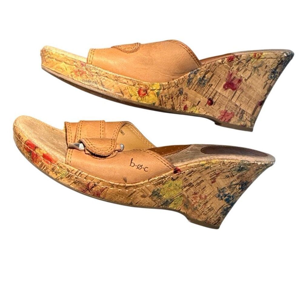 B.O.C Born Concept Women's Tan Leather Floral Cork Wedge Sandals Size 9